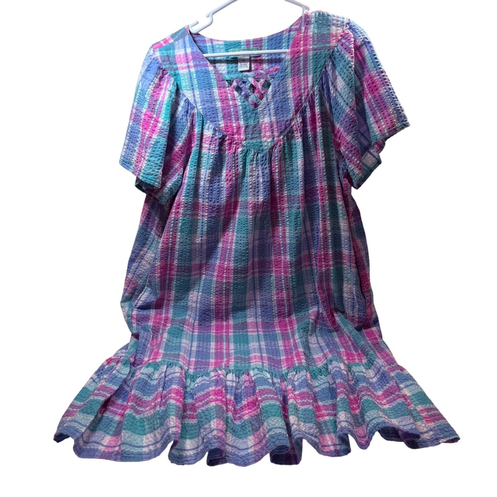 Japna Womens 1X Cotton Seersucker Plaid Babydoll Dress Pink Blue Lattice V-Neck